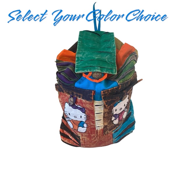 HELLO Kitty style burlap Kantha bohemian patchwork knapsack backpack Large - Picture 3 of 16